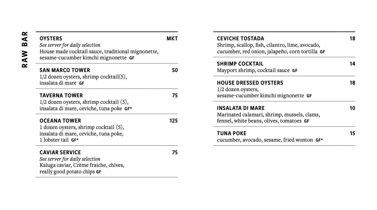 Oceana dinner menu page 1